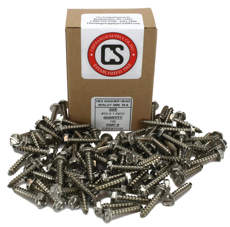 Chenango Supply #10 X 1 Stainless Steel Hex Washer Head w/Slot Sheetmetal Screw (1/2" to 1-1/2" in Listing) 100 pcs Sheet Metal Screws (#10x1 Inch) - Image 2
